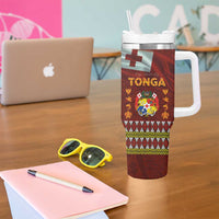 Tonga Independence Day Tumbler With Handle National Flag and Emblem with Ngatu Art Pattern