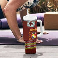 Tonga Independence Day Tumbler With Handle National Flag and Emblem with Ngatu Art Pattern