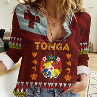 Tonga Independence Day Women Casual Shirt National Flag and Emblem with Ngatu Art Pattern