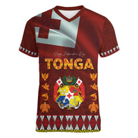 Tonga Independence Day Women V-Neck T-Shirt National Flag and Emblem with Ngatu Art Pattern