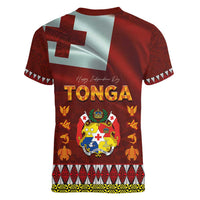Tonga Independence Day Women V-Neck T-Shirt National Flag and Emblem with Ngatu Art Pattern