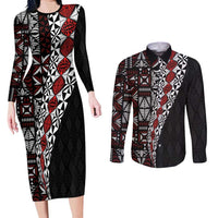 Tonga Ngatu Art Tattoo Polynesian Couples Matching Long Sleeve Bodycon Dress and Long Sleeve Button Shirt LT03 Black - Polynesian Pride