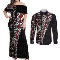 Tonga Ngatu Art Tattoo Polynesian Couples Matching Off Shoulder Maxi Dress and Long Sleeve Button Shirt