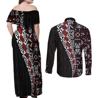 Tonga Ngatu Art Tattoo Polynesian Couples Matching Off Shoulder Maxi Dress and Long Sleeve Button Shirt