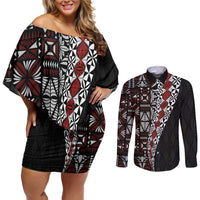 Tonga Ngatu Art Tattoo Polynesian Couples Matching Off Shoulder Short Dress and Long Sleeve Button Shirt