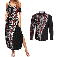 Tonga Ngatu Art Tattoo Polynesian Couples Matching Summer Maxi Dress and Long Sleeve Button Shirt LT03 Black - Polynesian Pride