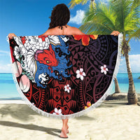 Hawaiian and Japanese Together Beach Blanket Hibiscus and Koi Fish Polynesian Pattern Colorful Style