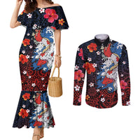 Hawaiian and Japanese Together Couples Matching Mermaid Dress and Long Sleeve Button Shirt Hibiscus and Koi Fish Polynesian Pattern Colorful Style LT03 Red - Polynesian Pride