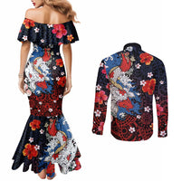 Hawaiian and Japanese Together Couples Matching Mermaid Dress and Long Sleeve Button Shirt Hibiscus and Koi Fish Polynesian Pattern Colorful Style LT03 - Polynesian Pride