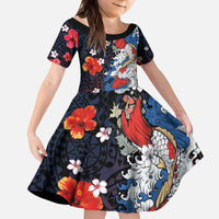 Hawaiian and Japanese Together Kid Short Sleeve Dress Hibiscus and Koi Fish Polynesian Pattern Colorful Style