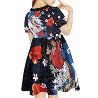 Hawaiian and Japanese Together Kid Short Sleeve Dress Hibiscus and Koi Fish Polynesian Pattern Colorful Style