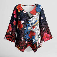 Hawaiian and Japanese Together Kimono Sleeve Blouse Hibiscus and Koi Fish Polynesian Pattern Colorful Style - Polynesian Pride