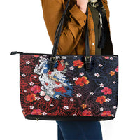 Hawaiian and Japanese Together Leather Tote Bag Hibiscus and Koi Fish Polynesian Pattern Colorful Style LT03 - Polynesian Pride