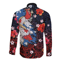 Hawaiian and Japanese Together Long Sleeve Button Shirt Hibiscus and Koi Fish Polynesian Pattern Colorful Style