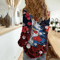 Hawaiian and Japanese Together Women Casual Shirt Hibiscus and Koi Fish Polynesian Pattern Colorful Style