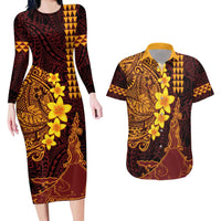 Hawaii Volcano Couples Matching Long Sleeve Bodycon Dress and Hawaiian Shirt Polynesian and Kakau Pattern LT03 Red - Polynesian Pride