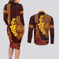 Hawaii Volcano Couples Matching Long Sleeve Bodycon Dress and Long Sleeve Button Shirt Polynesian and Kakau Pattern LT03 - Polynesian Pride