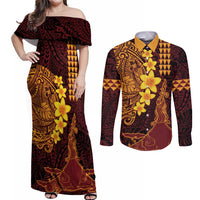 Hawaii Volcano Couples Matching Off Shoulder Maxi Dress and Long Sleeve Button Shirt Polynesian and Kakau Pattern LT03 Red - Polynesian Pride