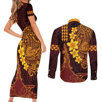 Hawaii Volcano Couples Matching Short Sleeve Bodycon Dress and Long Sleeve Button Shirt Polynesian and Kakau Pattern LT03 - Polynesian Pride