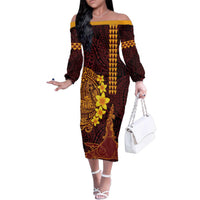 Hawaii Volcano Family Matching Off The Shoulder Long Sleeve Dress and Hawaiian Shirt Polynesian and Kakau Pattern LT03 Mom's Dress Red - Polynesian Pride