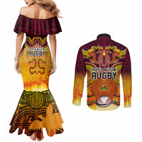 PNG Port Moresby Vipers Rugby Couples Matching Mermaid Dress and Long Sleeve Button Shirts Fire Vipers Mix PNG Bird Polynesian Tattoo LT03 - Polynesian Pride