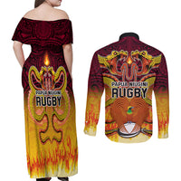 PNG Port Moresby Vipers Rugby Couples Matching Off Shoulder Maxi Dress and Long Sleeve Button Shirts Fire Vipers Mix PNG Bird Polynesian Tattoo LT03 - Polynesian Pride