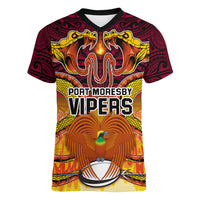 PNG Port Moresby Vipers Rugby Women V Neck T Shirt Fire Vipers Mix PNG Bird Polynesian Tattoo LT03 Female Yellow - Polynesian Pride