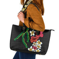 Hawaiian Tropical Flowers and Maile Pikake Leather Tote Bag Polynesian Tribal Pattern Black Color LT03 Black - Polynesian Pride