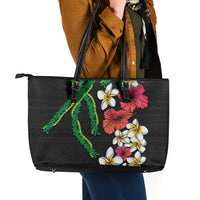Hawaiian Tropical Flowers and Maile Pikake Leather Tote Bag Polynesian Tribal Pattern Black Color LT03 - Polynesian Pride