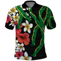 Hawaiian Tropical Flowers and Maile Pikake Polo Shirt Polynesian Tribal Pattern Black Color LT03 Black - Polynesian Pride