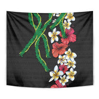 Hawaiian Tropical Flowers and Maile Pikake Tapestry Polynesian Tribal Pattern Black Color
