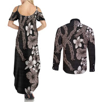 Hawaiian Tropical Flowers and Maile Pikake Couples Matching Summer Maxi Dress and Long Sleeve Button Shirt Polynesian Tribal Pattern Grayscale Mode LT03 - Polynesian Pride