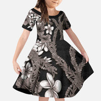 Hawaiian Tropical Flowers and Maile Pikake Family Matching Short Sleeve Bodycon Dress and Hawaiian Shirt Polynesian Tribal Pattern Grayscale Mode LT03 Daughter's Dress Black - Polynesian Pride