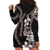 Hawaiian Tropical Flowers and Maile Pikake Hoodie Dress Polynesian Tribal Pattern Grayscale Mode LT03 - Polynesian Pride