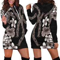Hawaiian Tropical Flowers and Maile Pikake Hoodie Dress Polynesian Tribal Pattern Grayscale Mode LT03 - Polynesian Pride
