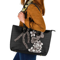 Hawaiian Tropical Flowers and Maile Pikake Leather Tote Bag Polynesian Tribal Pattern Grayscale Mode LT03 Black - Polynesian Pride