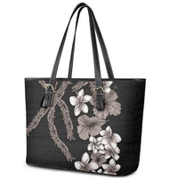 Hawaiian Tropical Flowers and Maile Pikake Leather Tote Bag Polynesian Tribal Pattern Grayscale Mode LT03 - Polynesian Pride