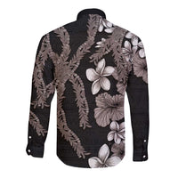 Hawaiian Tropical Flowers and Maile Pikake Long Sleeve Button Shirt Polynesian Tribal Pattern Grayscale Mode