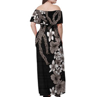 Hawaiian Tropical Flowers and Maile Pikake Off Shoulder Maxi Dress Polynesian Tribal Pattern Grayscale Mode LT03 - Polynesian Pride