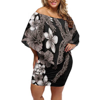 Hawaiian Tropical Flowers and Maile Pikake Off Shoulder Short Dress Polynesian Tribal Pattern Grayscale Mode LT03 Women Black - Polynesian Pride