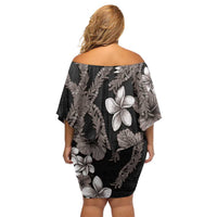 Hawaiian Tropical Flowers and Maile Pikake Off Shoulder Short Dress Polynesian Tribal Pattern Grayscale Mode LT03 - Polynesian Pride