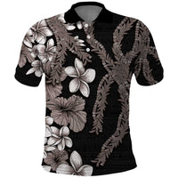 Hawaiian Tropical Flowers and Maile Pikake Polo Shirt Polynesian Tribal Pattern Grayscale Mode LT03 Black - Polynesian Pride