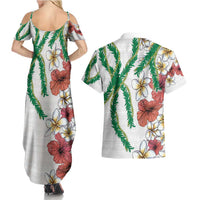 Hawaiian Tropical Flowers and Maile Pikake Couples Matching Summer Maxi Dress and Hawaiian Shirt Polynesian Tribal Pattern White Color LT03 - Polynesian Pride