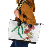 Hawaiian Tropical Flowers and Maile Pikake Leather Tote Bag Polynesian Tribal Pattern White Color LT03 White - Polynesian Pride