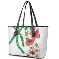 Hawaiian Tropical Flowers and Maile Pikake Leather Tote Bag Polynesian Tribal Pattern White Color LT03 - Polynesian Pride
