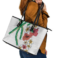 Hawaiian Tropical Flowers and Maile Pikake Leather Tote Bag Polynesian Tribal Pattern White Color LT03 - Polynesian Pride