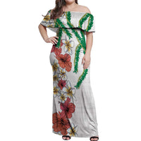 Hawaiian Tropical Flowers and Maile Pikake Off Shoulder Maxi Dress Polynesian Tribal Pattern White Color LT03 Women White - Polynesian Pride