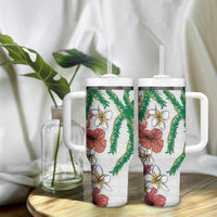 Hawaiian Tropical Flowers and Maile Pikake Tumbler With Handle Polynesian Tribal Pattern White Color