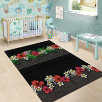 Hawaiian Tropical Flowers and Tribal Polynesian Tattoo Area Rug Black Color LT03 - Polynesian Pride