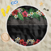 Hawaiian Tropical Flowers and Tribal Polynesian Tattoo Beach Blanket Black Color LT03 One Size 150cm Black - Polynesian Pride